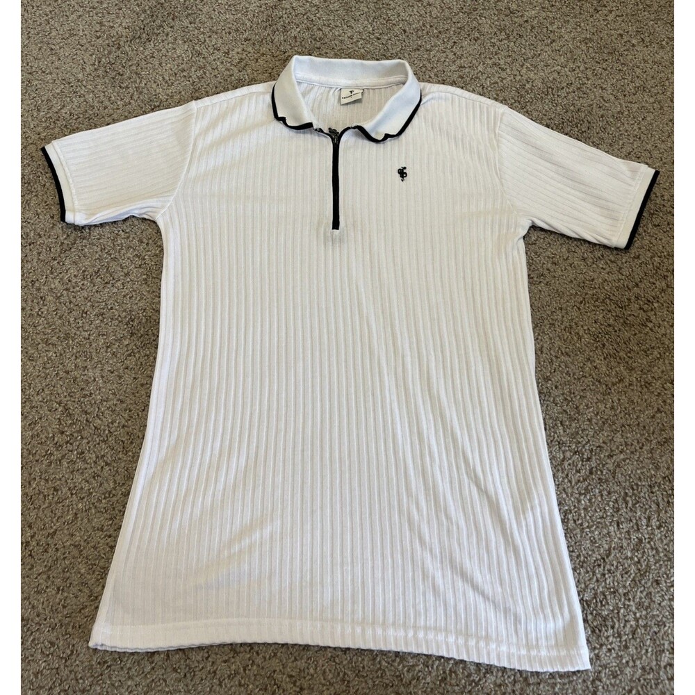 FATHER SONS Men's Polo Shirt 1/4 Zip Ribbed Short Sleeve White/Black Size Large